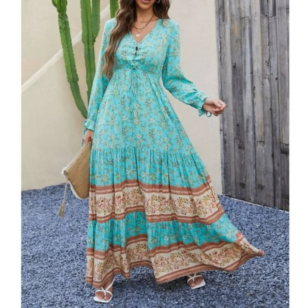 Floral  Lace Up Ruffle Hem Dress